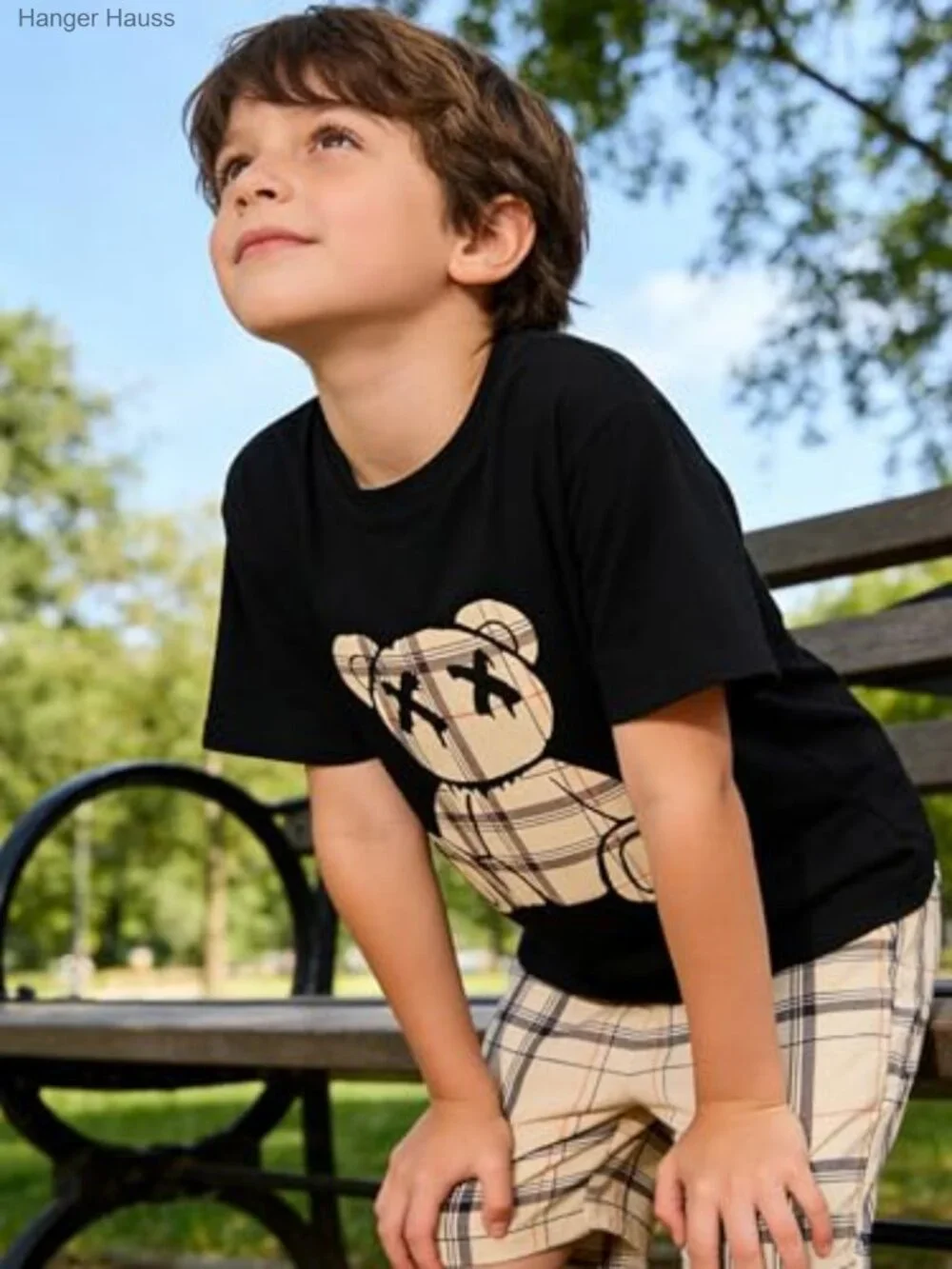 Toddler Boys Bear Print Tee with Plaid Shorts Set Cotton_5